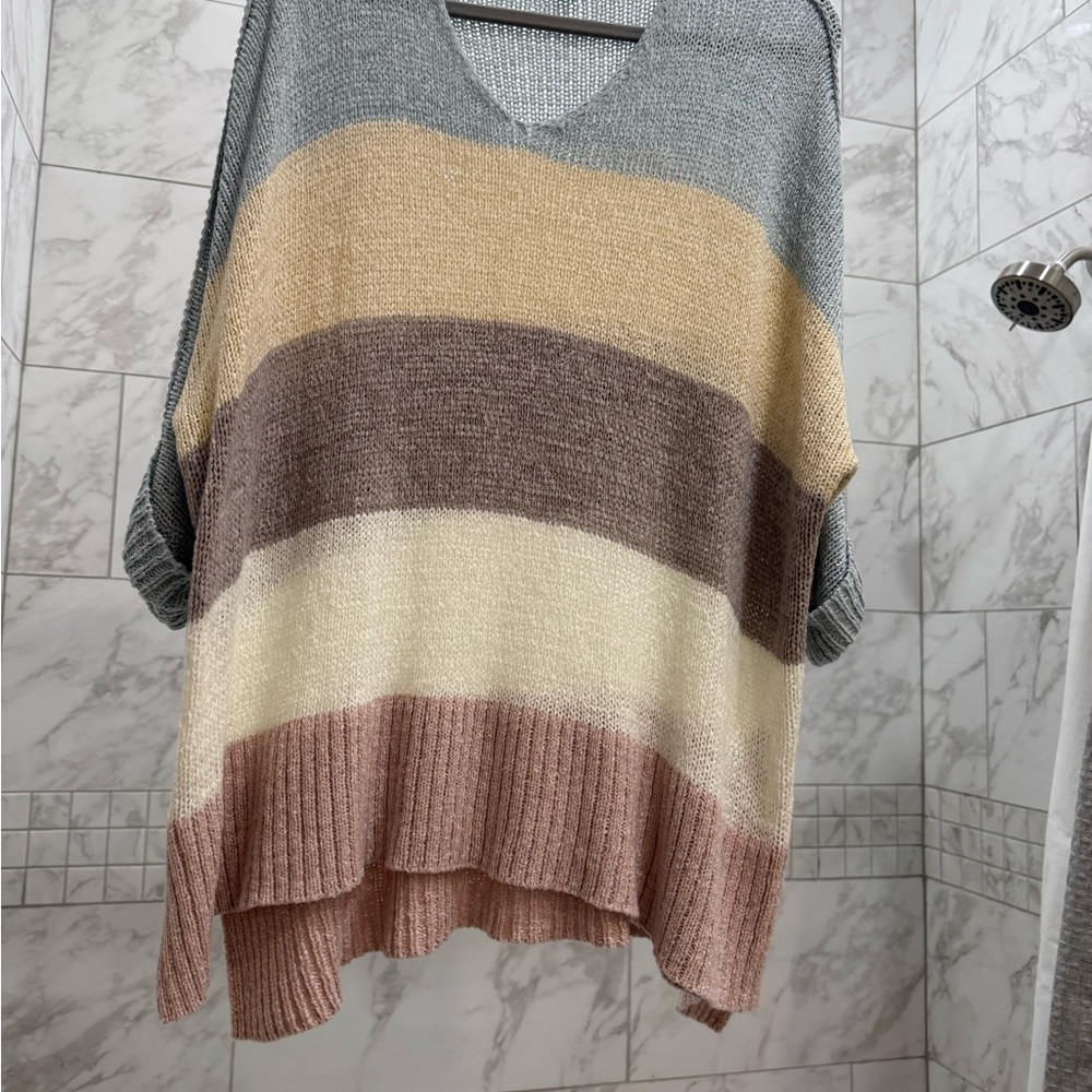 She + Sky V-Neck Striped Sweater - Gray, Cream, Brown, Pink